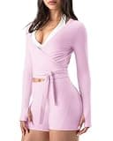 GYM RAINBOW Womens Pilates Wrap Top Long Sleeve Workout Shirts Tie Front Cropped Shrugs Bolero Yoga Clothes with Thumbholes(#1 Pink Lady,Small)