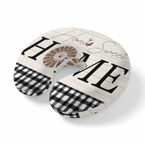 Neck Pillow, Home Windmill Black Plaid Memory Foam U-Shaped Travel Pillow for Airplane Car Train Office Nap, Portable Soft Head Neck Support for Sleeping & Reclining Beige Wooden Farmhouse