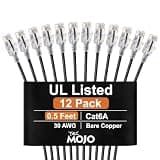 Tecmojo UL Listed Ultra-Slim Cat6a 0.5ft Ethernet Cable, 30AWG 100% Pure Copper, 10Gbps Network Cable for Router, Modem, Xbox, Laptop, Servers, 12-Pack, Black