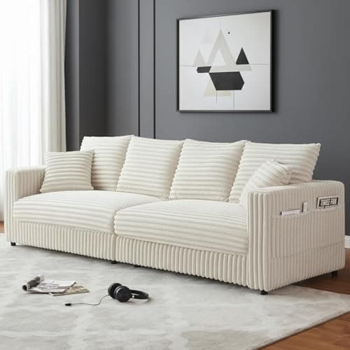Kalafini 96.8'' Oversized Cloud Couch, 4 Deep Seats Modular Sectional Sofa with Cup Holders & Storage, Plush Corduroy Upholstered Memory Foam Couches for Living Room, Apartment, Office (Beige)