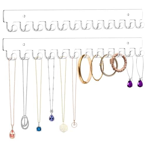 Mecnmsa 13.8 inch Acrylic Necklace Holder 2 Pack Wall Mounted Necklace Organizer Hanging Jewelry Organizer with 12 Hooks for Necklaces, Bracelets, Rings and Bangles Display