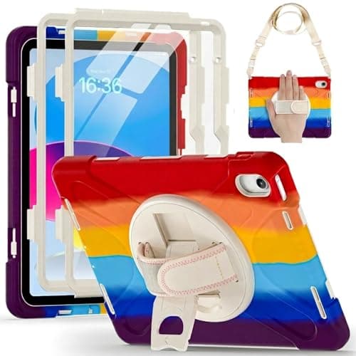 Shockproof Case for iPad A16 10th 2022 /11th 2025 Generation [2 Front Frames] Rugged Cover with 360° Rotatable One-Click Reset Stand & Velcro Hand Strap (Integrated Pencil Holder), Colourful Red