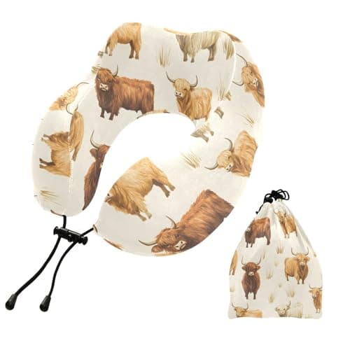 ZOEO Travel Pillow for Neck Head, Highland Cow Pattern Memory Foam Padding Sleeping Airplane Trains Cars Camping Office