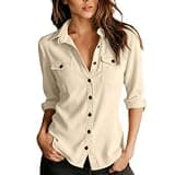 Womens Corduroy Button Down Shirt Long Sleeve Collared Loose Fit Comfy Blouse Dressy Casual Office Fall Winter Tops Beige