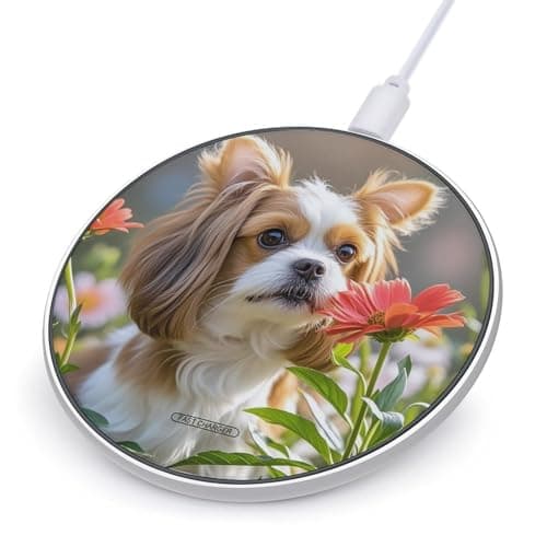 Shih Tzu Dog and Flowers Wireless Charger Aluminum Alloy Frame 10W Fast Charging Pad with Indicator Light 6mm Thin & Portable Wireless Charging Pad for Travel Home Office Desk