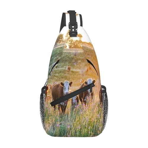 Livestock Cow Nebraska Hereford Cattle Sunset Nature Countryside Parks Farm Midwest Men'S Crossbody Chest Bag, With Padded Strap, Large Capacity For Ipad Tablet Travel Work
