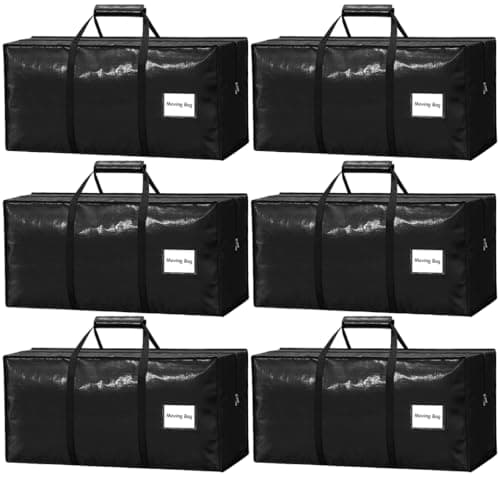 VISVEIL 6 Pack Heavy Duty Moving Bags with Padded Wrap Around Handles-Strengthened Zipper Extra Large Storage Totes for Dorm College Clothes Black