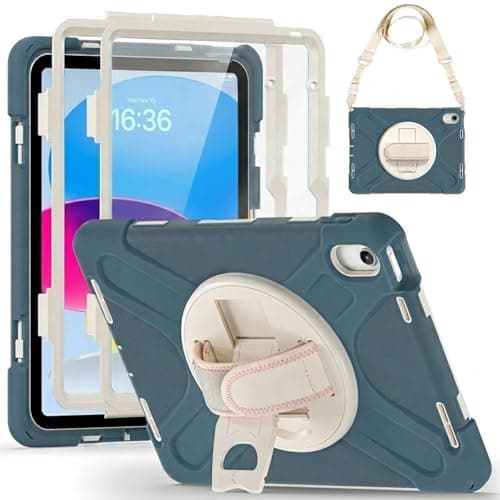 Shockproof Case for iPad A16 10th 2022 /11th 2025 Generation [2 Front Frames] Rugged Cover with 360° Rotatable One-Click Reset Stand & Velcro Hand Strap (Integrated Pencil Holder), Cornflower Blue