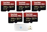 SanDisk Micro 256GB Extreme Pro Memory Card (5 Pack) Works with DJI Air 2S, Air 2, Mini, Mini 2, Mavic 2 Drone (SDSQXCD-256G-GN6MA) Bundle with 1 Everything But Stromboli MicroSDXC & SD Card Reader