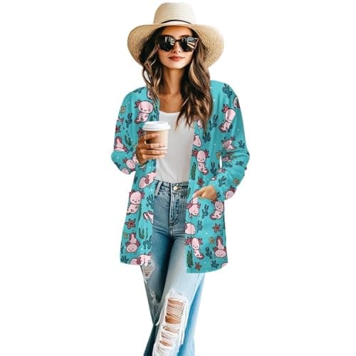 Poetesant Cardigan Sweaters for Women Animal Print Cardigan Plus Size Outerwear Open Front Cardigan Casual Jacket Trendy Soft Outerwears Axolotl Shirts-S