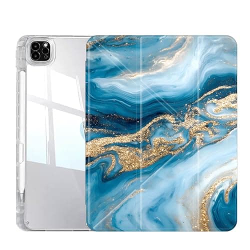Case for iPad Pro 13 Inch (M5/M4) 2025/2024, Slim Clear Case with Pencil Holder, Multi-Angles Folding Y-Shaped Stand Cover, Blue Gilded Marble