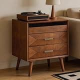 Mid-Century Modern Nightstand with Charging Station, 2 Drawers, Open Shelf, USB and Type-C Ports, Solid Wood, Walnut, 24x15.75x27.5 in (Walnut, Solid Wood)