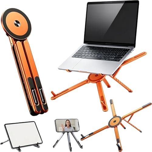 Magnetic Foldable Laptop Stand, 3-in-1 Adjustable Aluminum Laptop Riser with Phone and Tablet Holder, 8-Level Portable Aluminum Alloy Magnetic Folding Stand for Desk, Home Office and Travel (Orange)