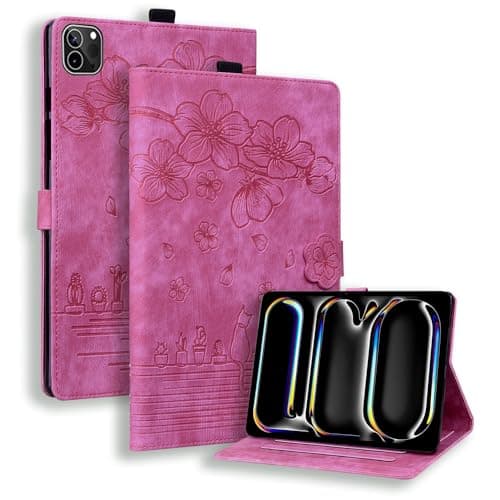 IVY PU Leather Wallet Case for iPad Pro 13 inch (M4) 2024 Devices - [Cherry Blossom Cat][Kickstand Flip][Wake/Sleep Function][Angle Adjustment] - Rose Red