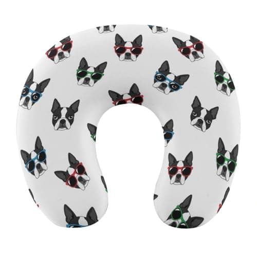 HEBVASS Teens Neck Pillow U-Shaped Memory Foam Travel Support, Boston Terrier Dog Funny U-Shape, Washable Airplane Car Office Pillow