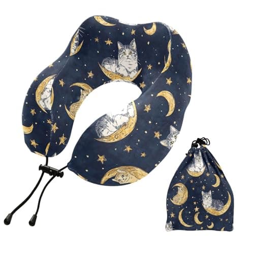 ALAZA Cats Moon Stars Travel Neck Pillow Memory Foam Neck Pillows with Storage Bag,Soft Travel Pillow for Sleeping Travel Airplane Car Office Home
