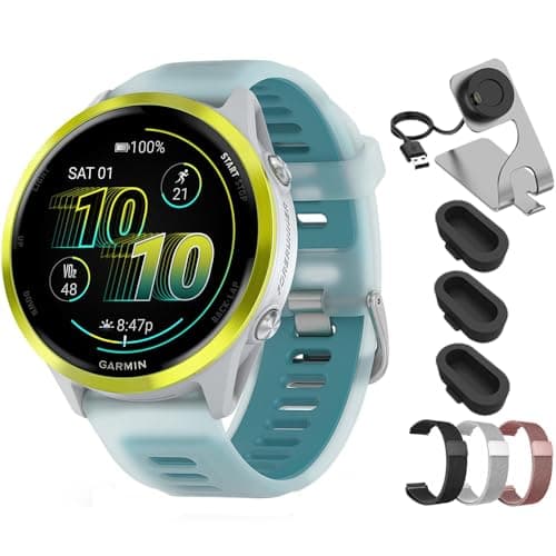 Garmin Forerunner 570 47mm GPS Smartwatch Aluminum and Whitestone/Turquoise Band 010-02971-01 Bundle with Deco Essentials 22mm Milanese Band 3 Pack, Charging Dock and Silicone Dust Cover 3 Pack