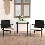 KLGBNCVE 3 Piece Patio Dining Set with Poly Rattan Black Steel Frame, PE Rattan Table and Chairs, Thick Padded Removable Seat Cushions for Outdoor Garden