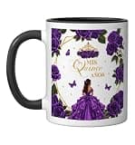Mis Quince Años Enchanted Rose Purple Floral Princess Decor Ceramic Mug, Black/White, 11oz