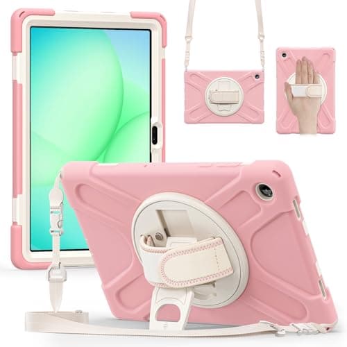 KAHITE Case for Galaxy Tab A11+ Plus 2025, with Screen Protector+360 Rotating Hand Strap&Stand+Shoulder Strap (Pink, Galaxy Tab A11+)