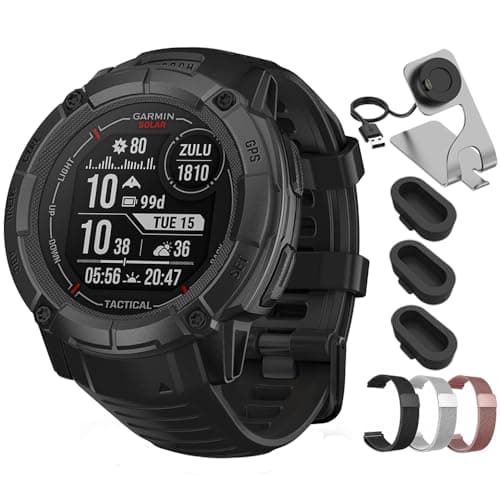 Garmin Instinct 2X Solar Rugged GPS Smartwatch Tactical Edition Black 010-02805-13 Bundle with Deco Essentials 26mm Steel Mesh Band 3-Pack, Charging Dock and Silicone Dust Cover 3 Pack