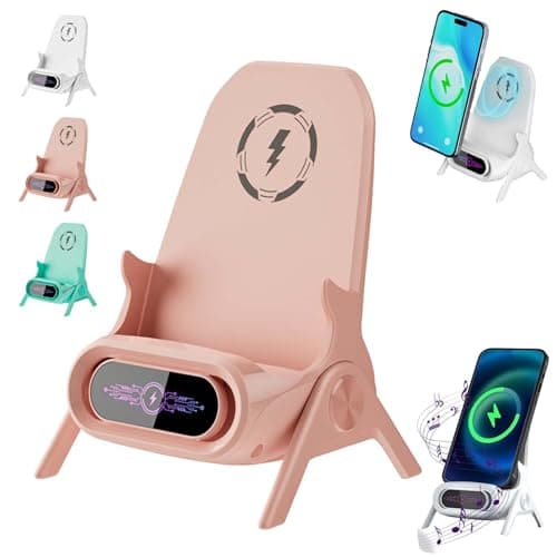 Mini Chair Wireless Fast Charger Multifunctional Phone Holder, 2026 New Wireless Fast Charger Phone Stand with Speaker, Charging Station Amplifier Mobile Phones Holder Stand (Pink)