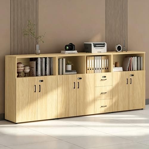 HSHBDDM File Cabinet with Password Lock, Wood Lateral Filing Cabinet for Letter/A4 Files, 3 Drawer with Door, Printer Stand with Open Shelves for Home Office
