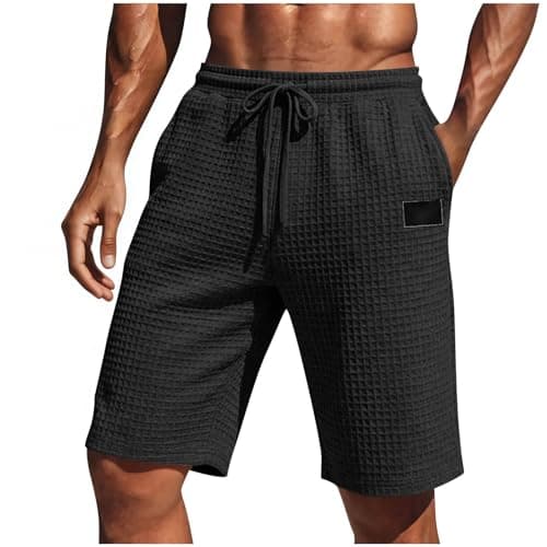 Mens Sweat Workout Shorts Waffle Knit Relax Fit Drawstring Waisted Running Short with Pockets Black
