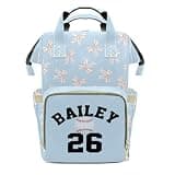 Personalized Light Blue Baseball Bow Diaper Bag Backpack, Custom Name & Number Diaper Tote, Newborn Gift for Sports Mom Dad