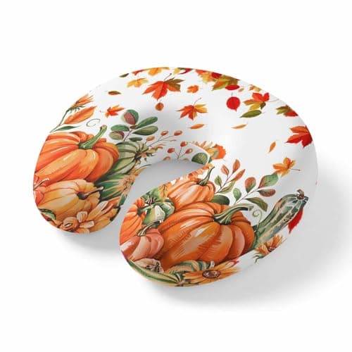 Travel Pillows U-Shaped Neck Pillow Autumn Thanksgiving Pumpkin Watercolor Ergonomic Memory Foam Pillow Head Cushion,Orange Maple Leaves Soft Portable Neck Pillows for Office Airplane Car Train