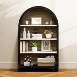 Arched 4-Tier Freestanding Storage Cabinet MDF Display Bookcase With Black Metal Frame Hand Spray Painted Carved Edge & Anti-Slip Foot Pads For Living Room Study Office 27.84 X 11.8 X 45.67 Inches