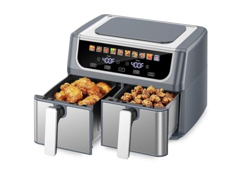 Dual Basket Air Fryer, 10-in-1 Functions, Digital Touch Panel, Sync Finish, Shake Reminder, 80-450°F Temperature Range