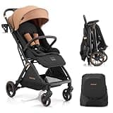 Gromast Gravity Folding Baby Stroller - Portable Travel Toddler Stroller w/Adjustable Backrest, Canopy & Cup Holder, Lightweight and UV Protected, One-Hand Automatic Folding - Khaki
