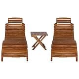 KMUNGDWG 3 Piece Wooden Sunlounger Set with Folding Tea Table, Solid Acacia Wood Outdoor Sun Loungers for Garden Patio Pool Deck
