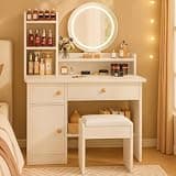 RixZrv Vanity Desk with Mirror and Lights,White (with Stool)