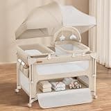 ANGELBLISS Baby Bassinet Bedside Crib, 5-in-1 One-Push Instant Fold Pack and Play with Changing Table, Napper Bassinet, Mattress & Mosquito Net, Portable Playard for Newborns to Toddlers (Khaki)