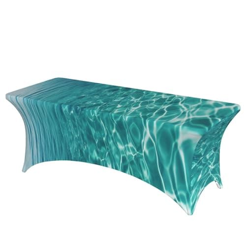 FHEDVBN 6FT Stretch Spandex Table Cover, Blue Aqua Pool Water Tablecloth for Rectangular Fitted, Decorative Table Cloth Indoor Outdoor Washable Tablecloth Protector for Events Wedding Party