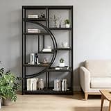 BLUECC Bookcase 37.4"*11.8"*68.8", Black Metal & Wood Freestanding Geometric Design Versatile Display Shelves Bookshelf