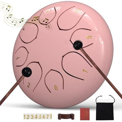 Rain Drum for Outside Garden, 6 Inches 8 Notes Steel Tongue Drums, Waterproof Meditation Echo Rain Chime, Musical Instruments for Adult Gift with Bag, Music Book, Mallets (Pink)