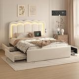 LoVinson Full Size Bed Frame with 4 Storage Drawers and Adjustable Double Wavy Headboard, PU Upholstered Platform Bed with RGB LED Lights and Charging Station, Metal Slats Support, No Noise, White