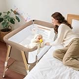 JevrJeur Baby Bassinet, 3 in 1 Bedside Bassinet Sleeper for Newborn, Portable Baby Crib with 4 Detachable Wheels & Adjustable Height, Breathable Mesh & Mattress, Mosquito Net& Storage Basket (Khaki)