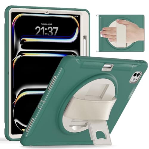 for iPad Pro 13 Inch M5 2025 / M4 2024 Case with Screen Protector, Hand Strap, Pen Holder & 360° Rotating Stand,Shockproof Protective Cover for Model: A2925, A2926, A3007 (Green F)