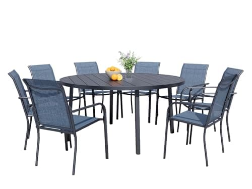 7 Pieces Patio Table and Chair Set of 6, Patio Furniture Set Includes 6 Blue Stackable Lightweight Outdoor Chairs and 1 Black Round Table Set of 6, Metal Tables and Chairs for Outside, Garden
