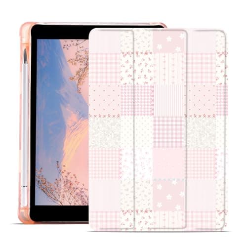 AdorableWhimsy Pink Patchwork Case for iPad Air 11" M4/M3/M2(2026/2025/2024)/iPad Air 5 / Air 4 10.9" Floral Preppy Girly Design Trifold Leather Protective Case Soft Back Cover with Pencil Holder