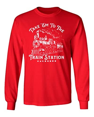 Take 'Em to The Train Station Yellowstone Unisex Long Sleeve T-Shirt (Red, Small)
