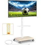 5Rcom Rolling TV Stand with Power Outlet for 32-60 inch TVs, Swivel and Height Adjustable Mobile TV Stand with Shelf, Strong TV Cart on Wheels up to 88 lbs for Living Room, Bedroom and Office, White