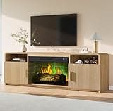 AMERLIFE 70" Fluted Fireplace TV Stand for TVs Up to 80", Modern TV Console with 30" Electric Fireplace & Storage Cabinets, Media Entertainment Center for Living Room, Natural Oak