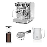 Diletta Bello Espresso Machine (Stainless Steel) Bundle with Giannino Espresso Grinder (Black & Wood), 58mm Bottomless Portafilter & 12oz Frothing Pitcher (Matte White)