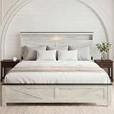 HoldoLife Farmhouse Bed Frame with LED Headboard Storage, King Size Rustic Wooden Platform Bed with Built-in Charging Station, Sturdy Steel Support, Distressed White