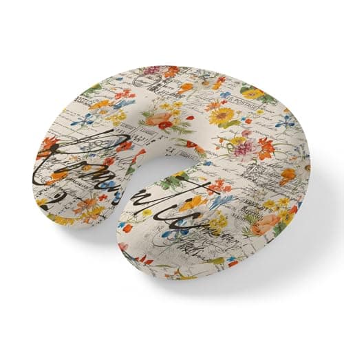 ZRNLTDGHK Neck Pillow Watercolor Spring Blososm Flower Travel Pillow Memory Foam U Shaped Pillows, Floral on Retro Letter Postmark Travel Neck Pillows for Airplane Car Office Home Sleeping Rest